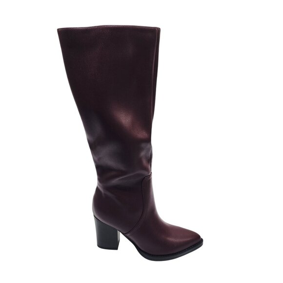 Womens Burgundy Knee-High Heeled Boots 6.5 Faux Leather Side Zipper Block Heel - Picture 8 of 9